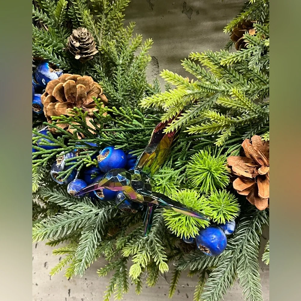 Hand Crafted Mixed Pine Blueberry Hummingbird Wreath Natural Touch Pine 18” Dia